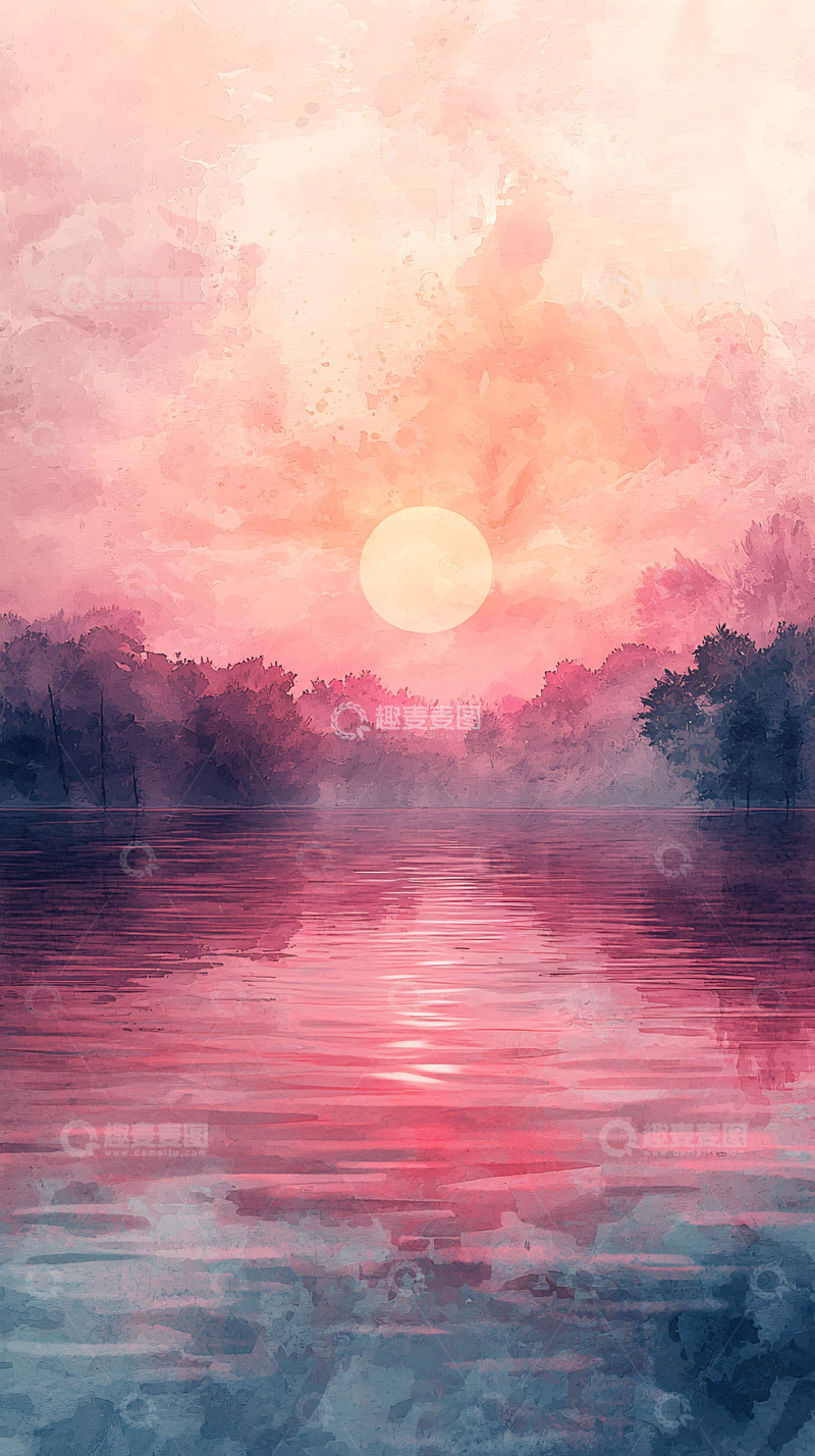 高清大图下载【趣麦麦图】粉色日落湖景
