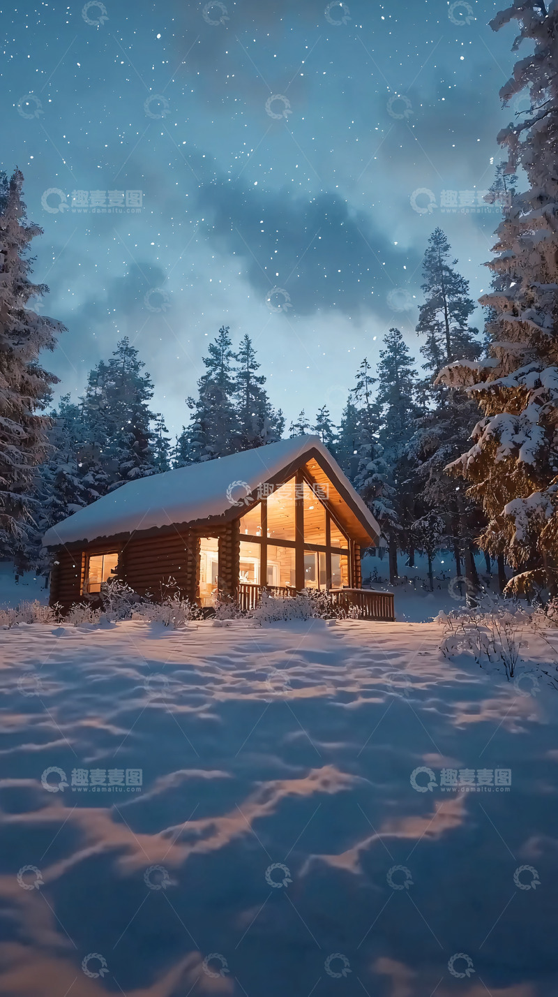 高清大图下载【趣麦麦图】雪夜森林木屋