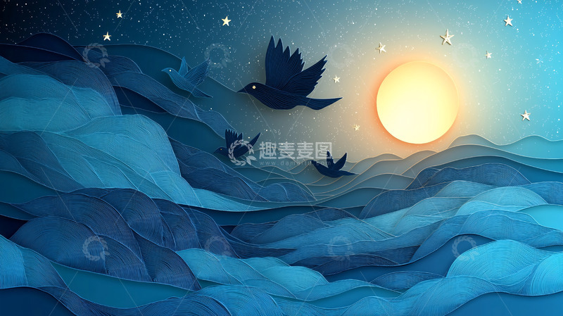 高清大图下载【趣麦麦图】夜晚飞鸟云海剪影