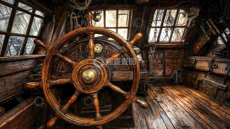 高清大图下载【趣麦麦图】古董船舵室内特写