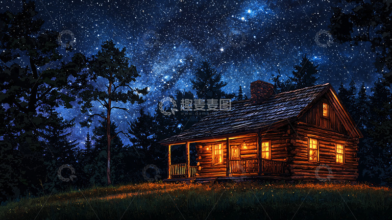 高清大图下载【趣麦麦图】星空下的木屋
