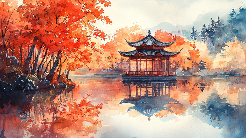 高清大图下载【趣麦麦图】水彩秋景湖边亭台