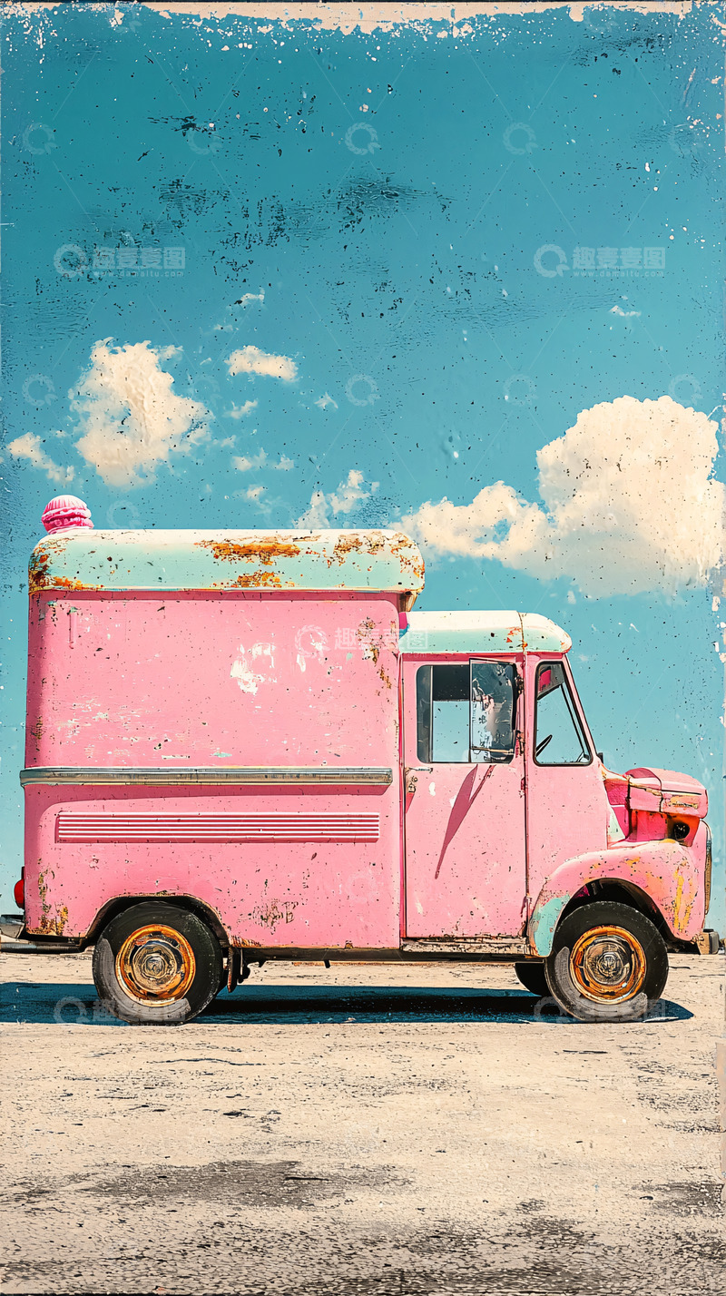 高清大图下载【趣麦麦图】复古粉色冰淇淋卡车