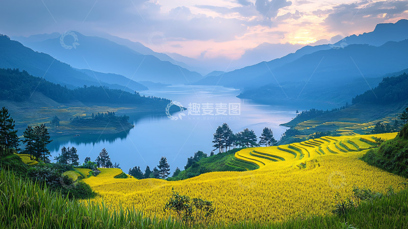 高清大图下载【趣麦麦图】山间湖泊梯田日落