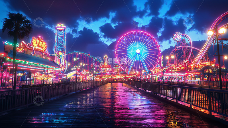 高清大图下载【趣麦麦图】夜间灯光璀璨的游乐园