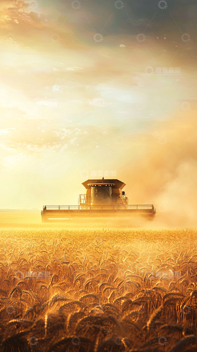 高清大图下载【趣麦麦图】金色麦田收割机日落