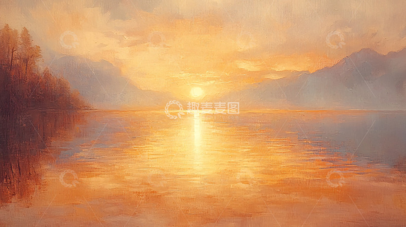 高清大图下载【趣麦麦图】金色湖面平静倒影日出