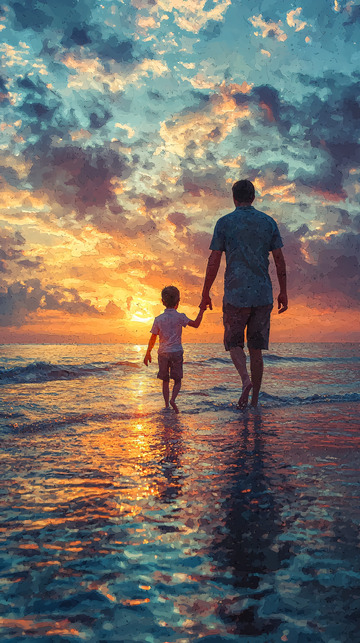 父子黄昏海边漫步