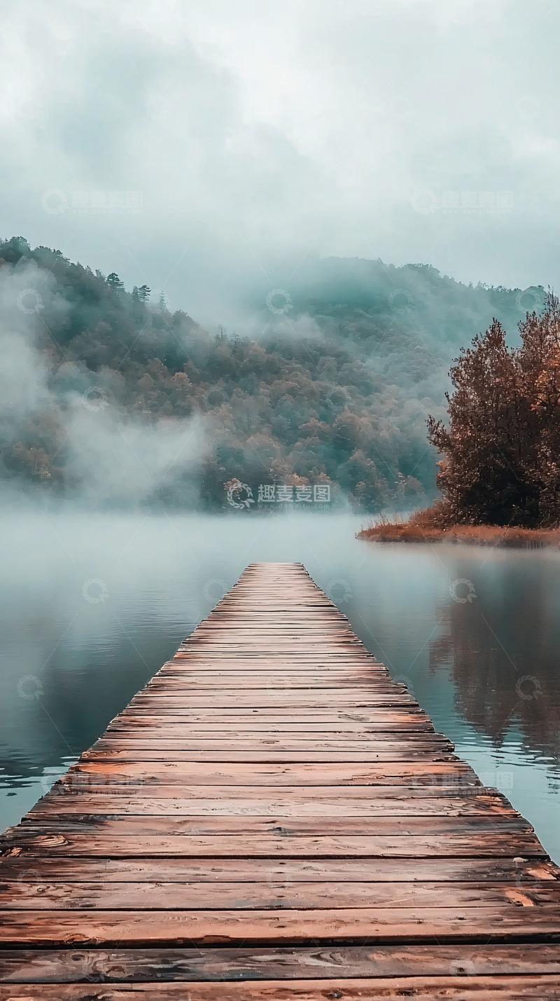 高清大图下载【趣麦麦图】雾气弥漫的木栈桥