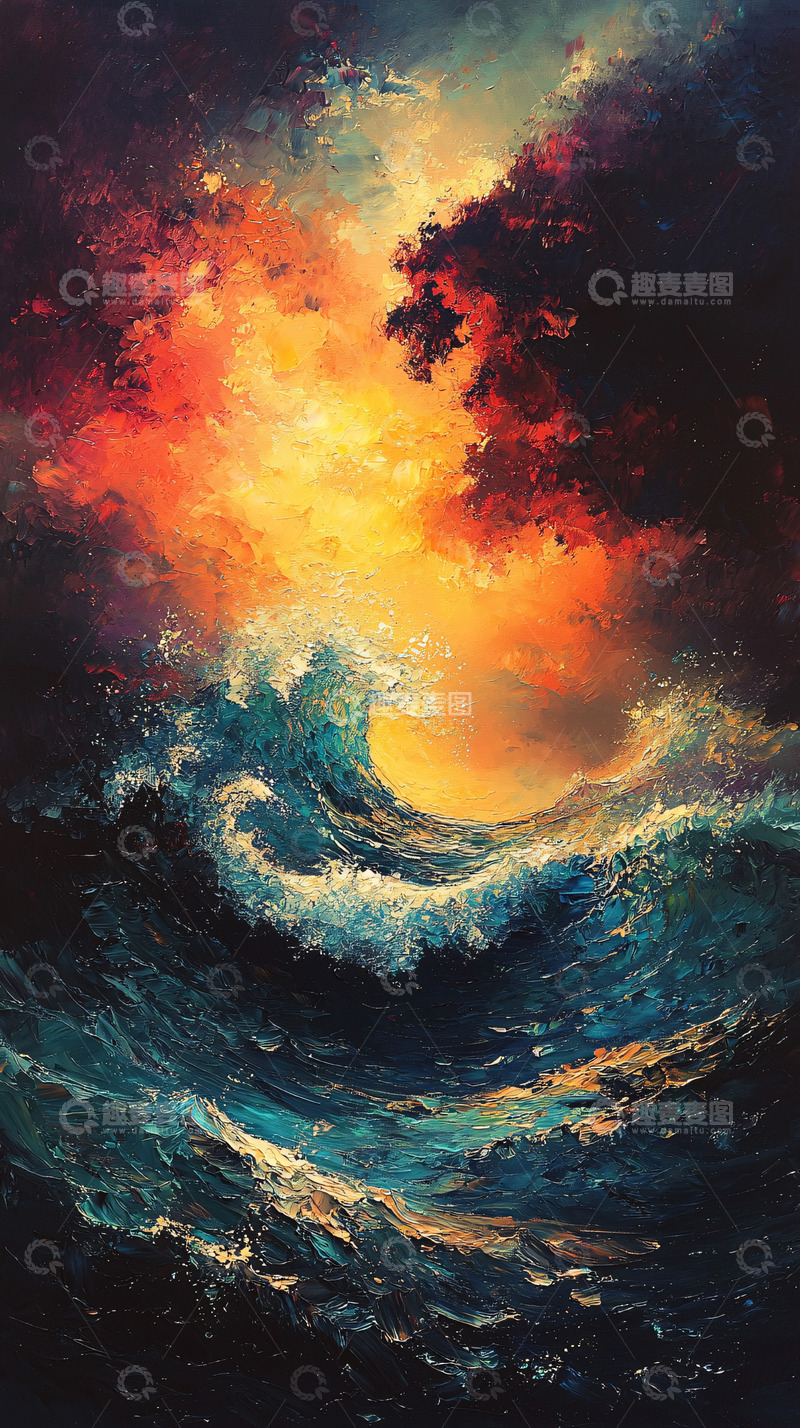 高清大图下载【趣麦麦图】汹涌的波涛与壮丽的日落