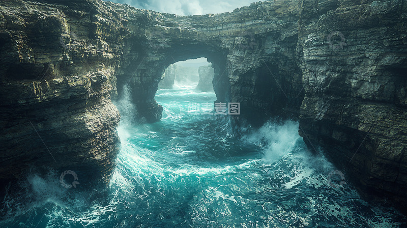 高清大图下载【趣麦麦图】海浪冲击岩石拱门