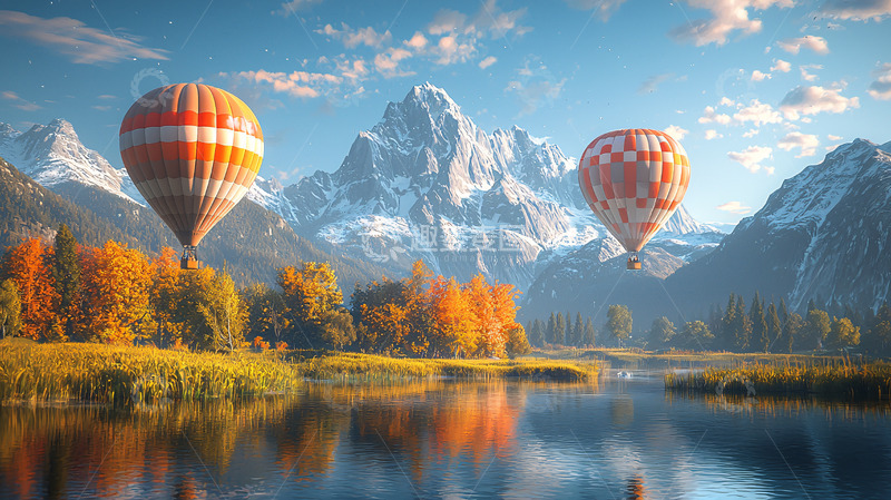 高清大图下载【趣麦麦图】热气球飞越秋日雪山