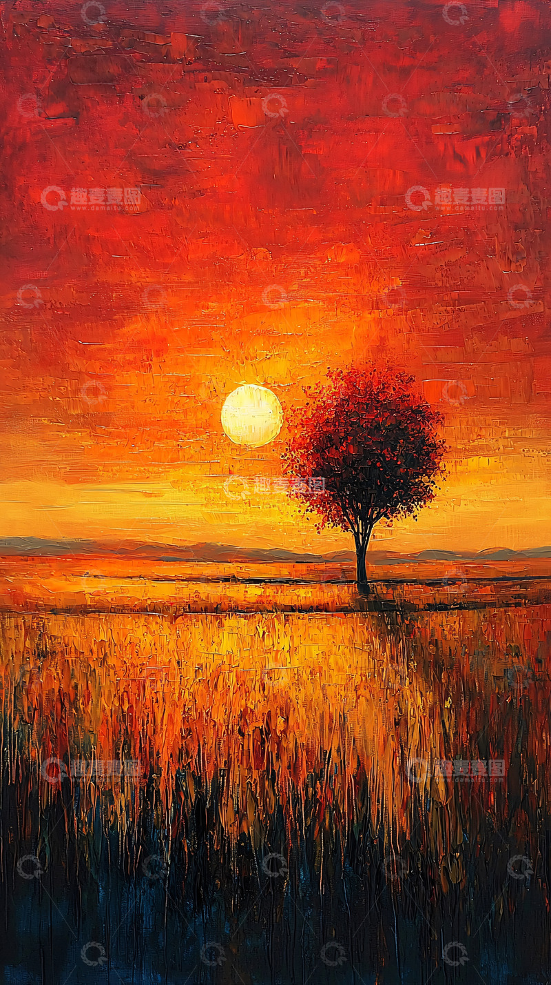 高清大图下载【趣麦麦图】红色夕阳下的树