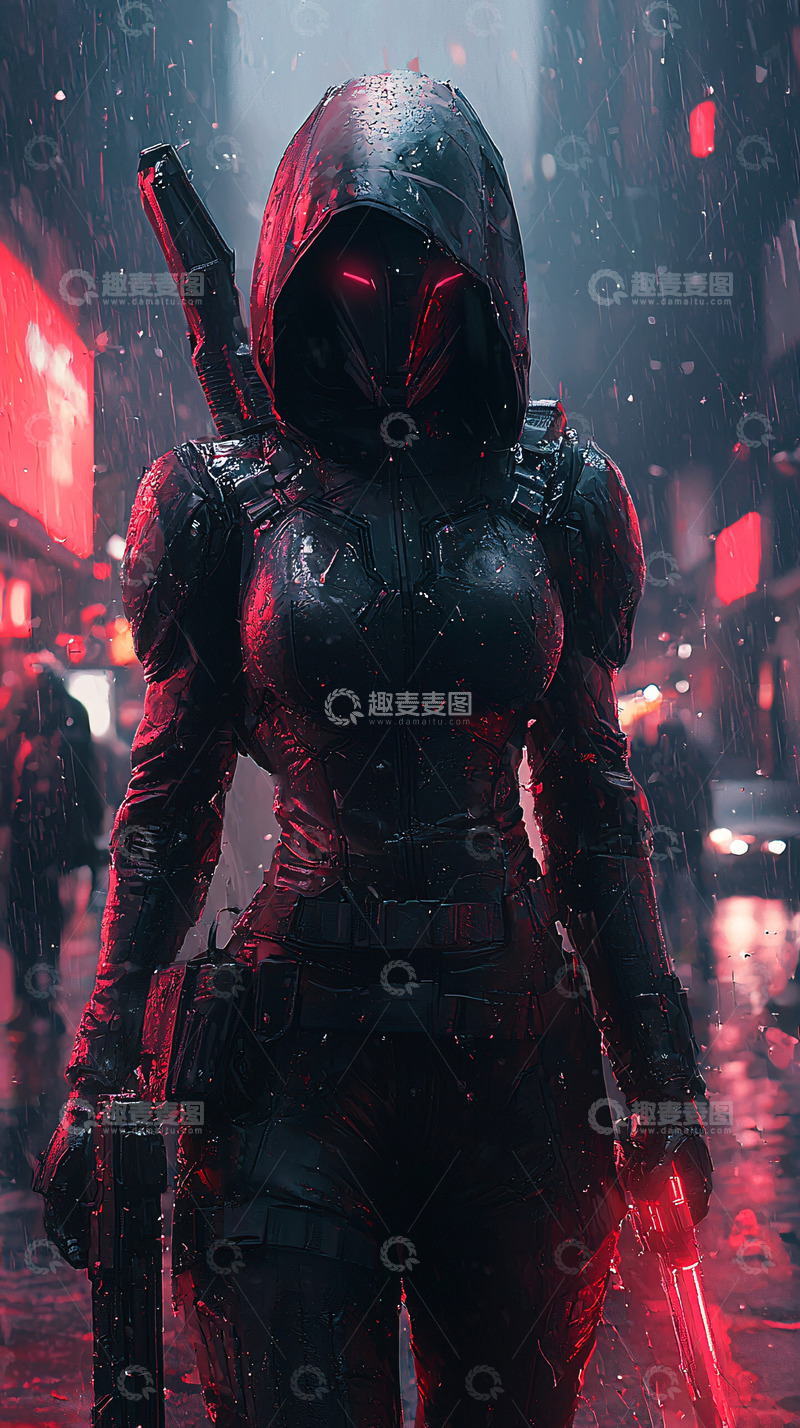 高清大图下载【趣麦麦图】雨夜都市女战士