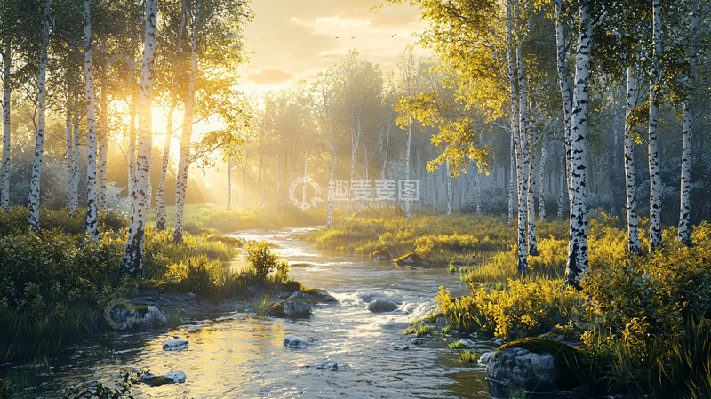 高清大图下载【趣麦麦图】清晨阳光森林小溪