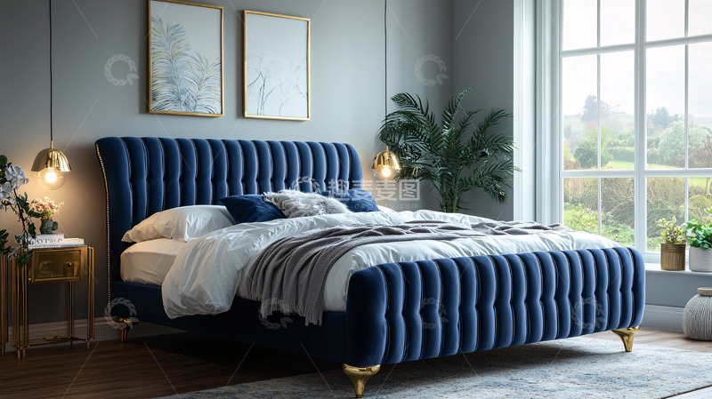 高清大图下载【趣麦麦图】蓝色绒布床