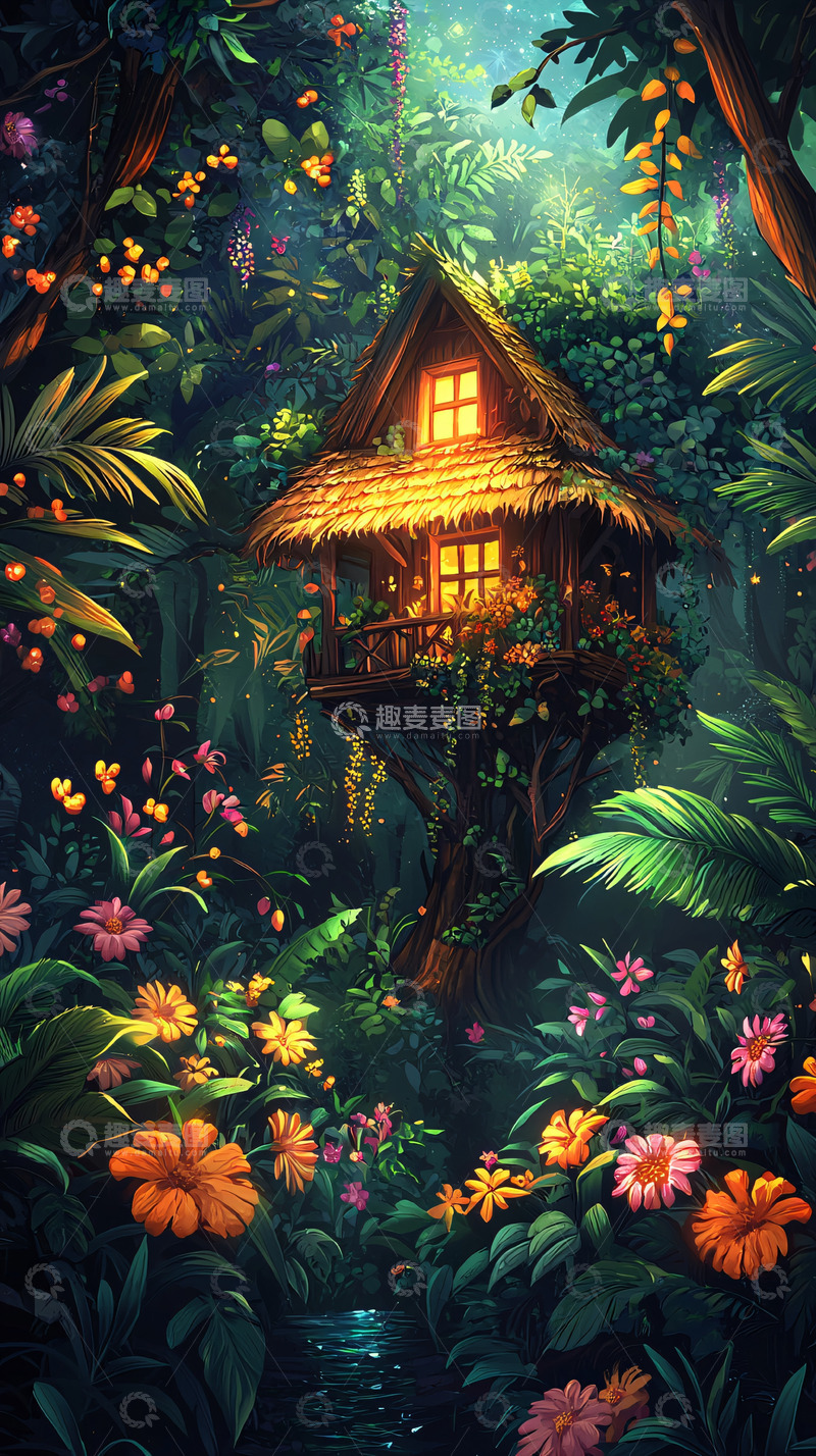 高清大图下载【趣麦麦图】丛林小屋的梦幻场景