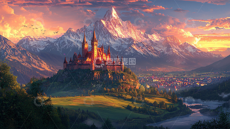 高清大图下载【趣麦麦图】日落山峰城堡小镇