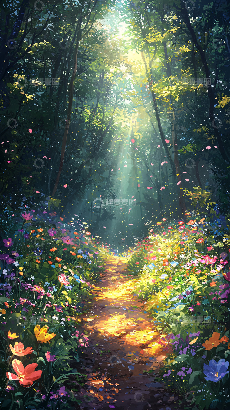 高清大图下载【趣麦麦图】森林小路阳光花海