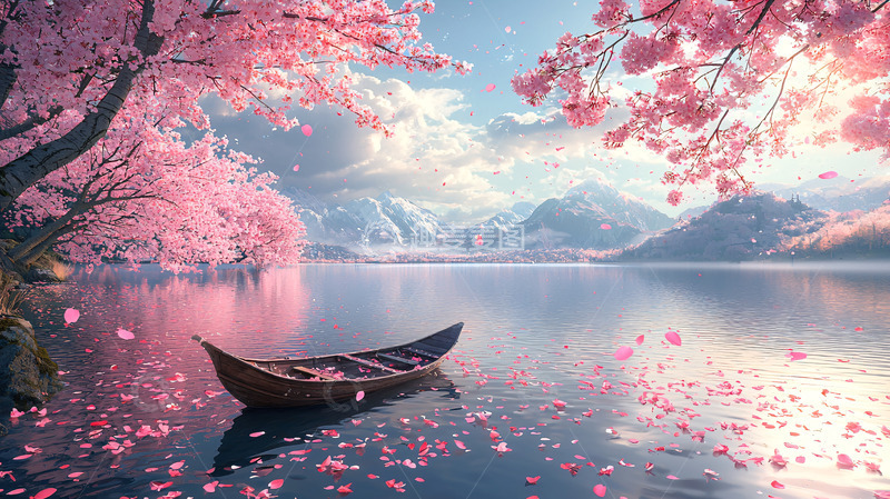 高清大图下载【趣麦麦图】粉红樱花树下宁静湖泊