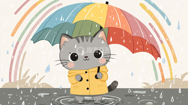 高清大图下载【趣麦麦图】卡通猫咪雨中彩虹伞