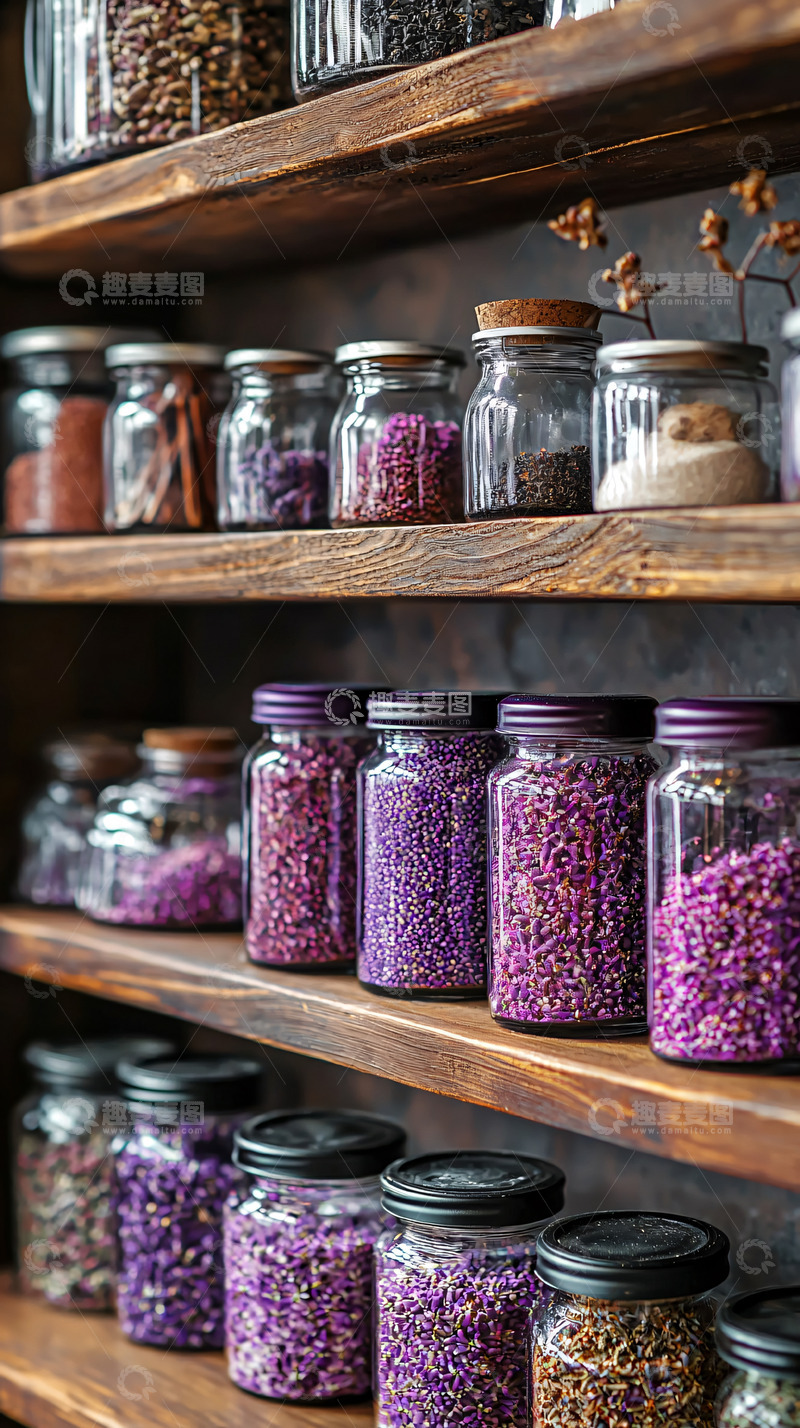 高清大图下载【趣麦麦图】木质搁架上的玻璃罐