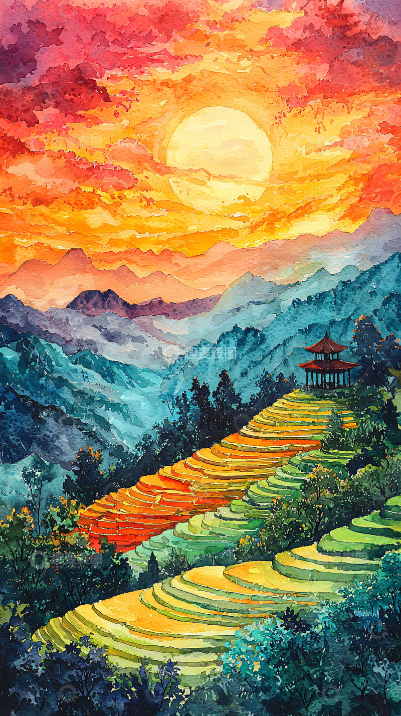 高清大图下载【趣麦麦图】山间梯田日落的唯美水彩画