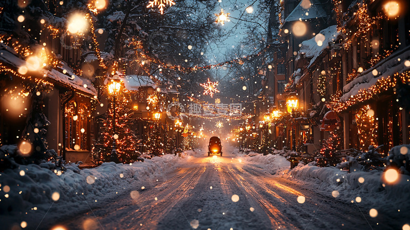 高清大图下载【趣麦麦图】下雪的圣诞小镇夜景