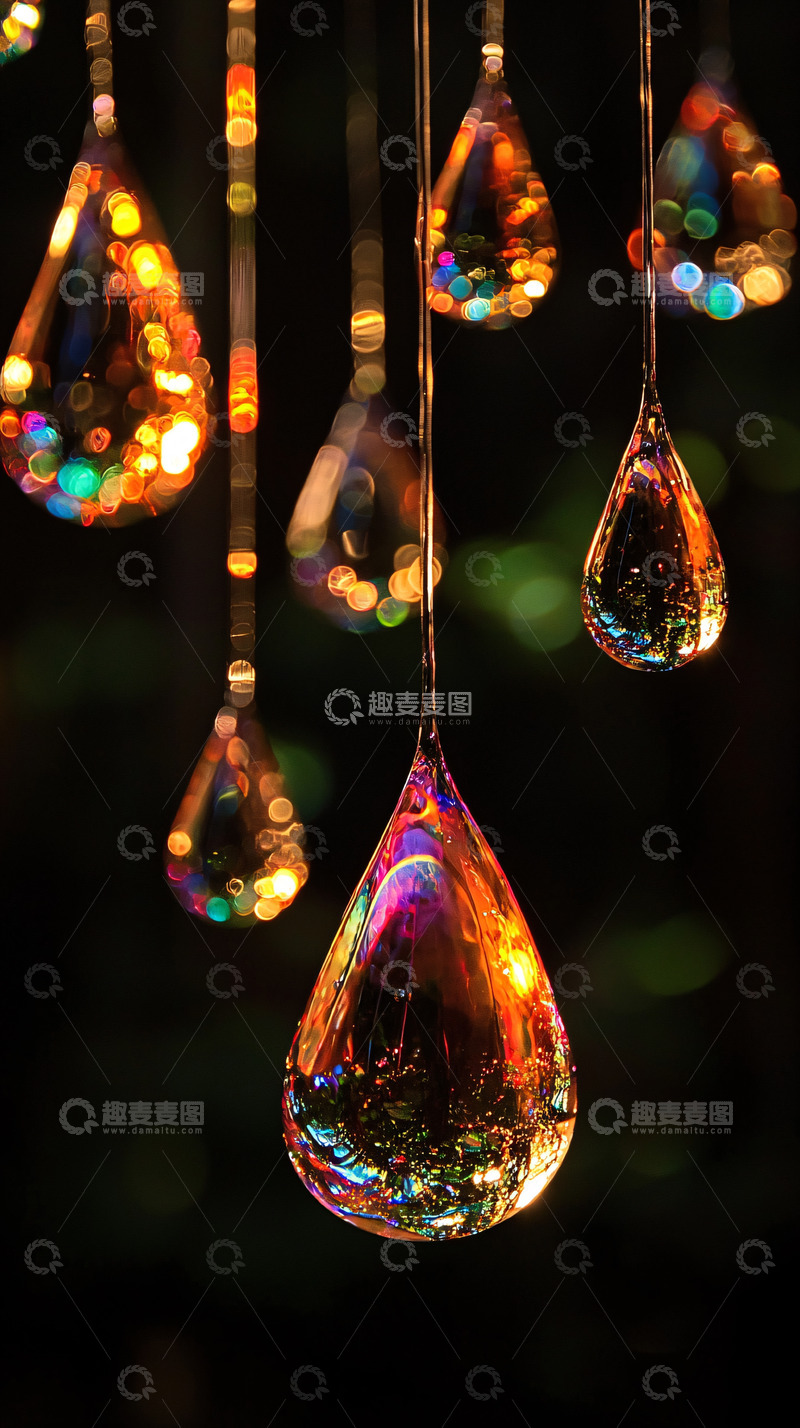 高清大图下载【趣麦麦图】彩色光斑悬挂水滴