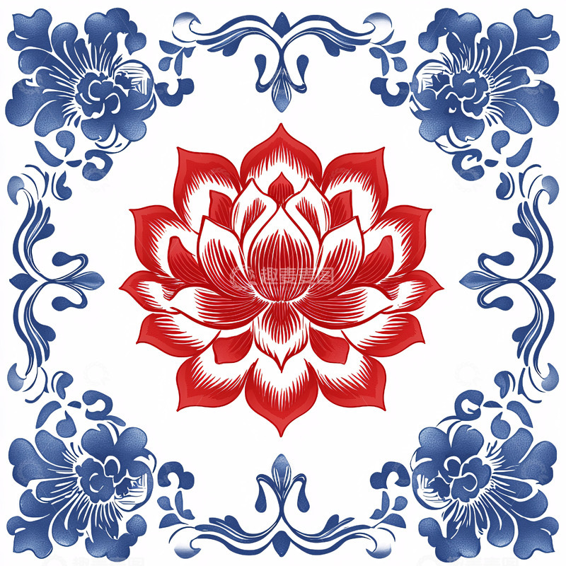 高清大图下载【趣麦麦图】红莲花青花瓷风格图案
