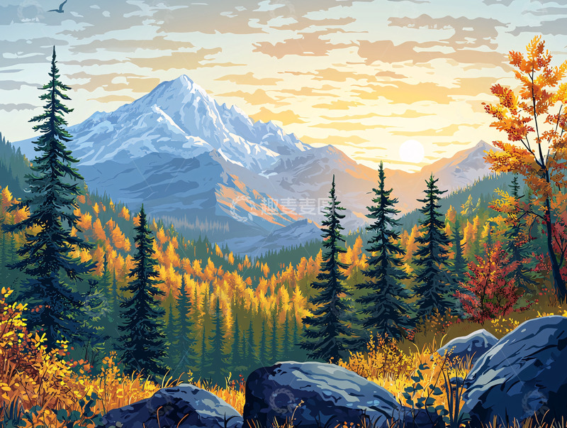 高清大图下载【趣麦麦图】日出雪山秋色风景画