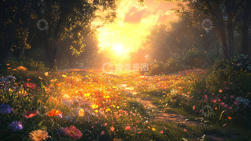 高清大图下载【趣麦麦图】森林黄昏花海