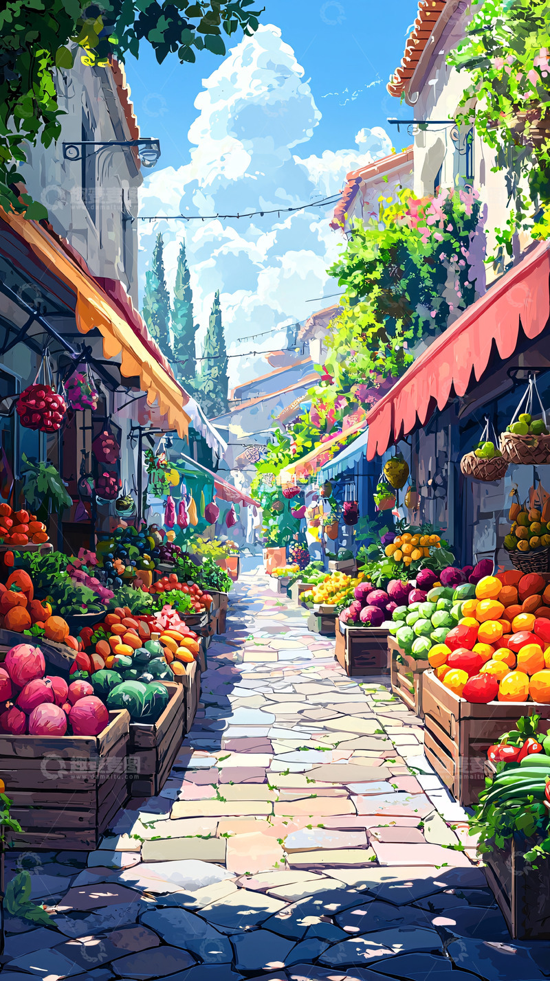 高清大图下载【趣麦麦图】阳光下的水果市场街道