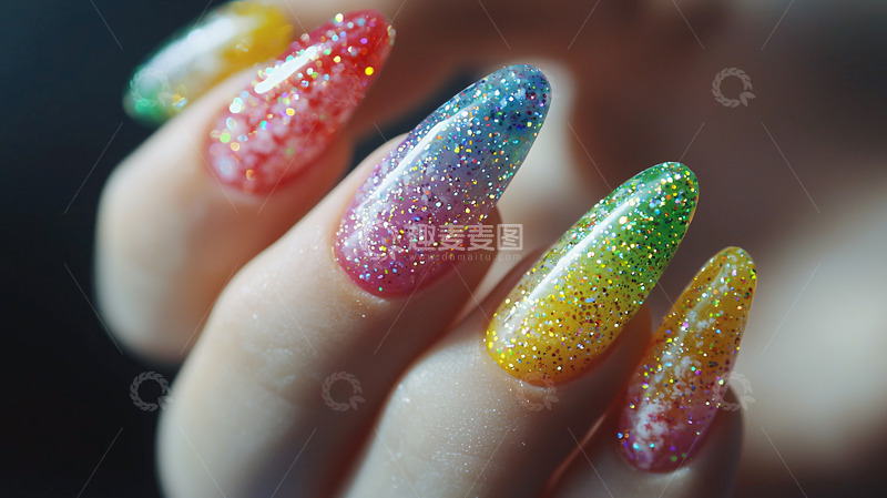 高清大图下载【趣麦麦图】彩虹渐变亮片美甲