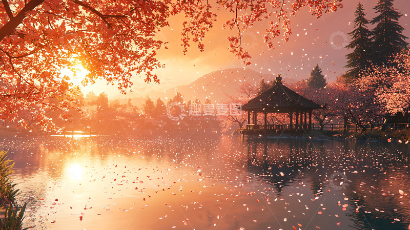 高清大图下载【趣麦麦图】秋日暖阳下的湖边亭台