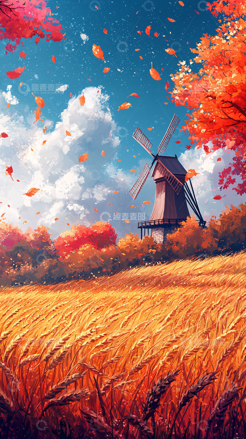 高清大图下载【趣麦麦图】秋天麦田风车唯美动漫风