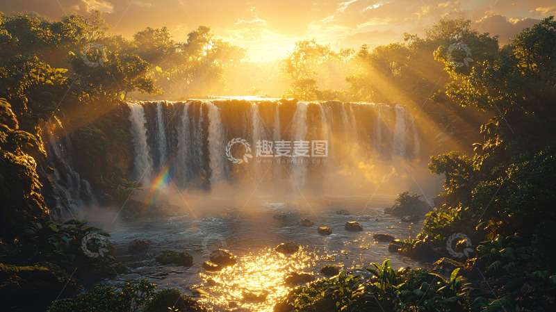 高清大图下载【趣麦麦图】日出瀑布雨林景观