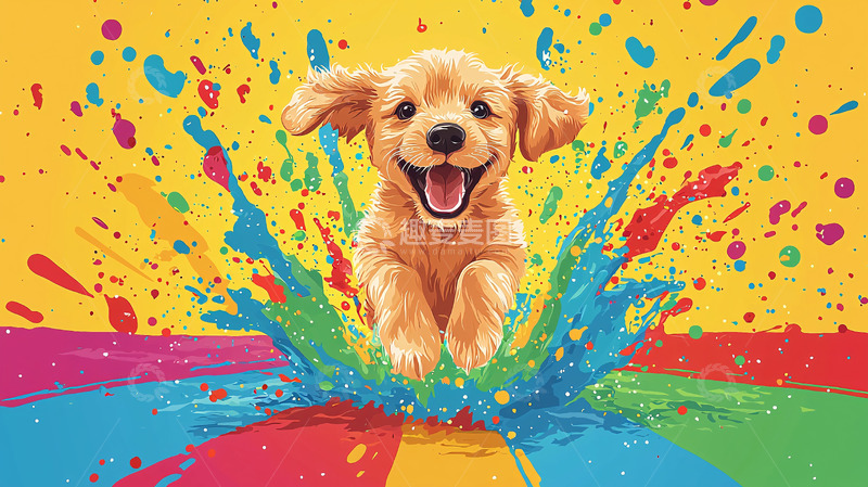 高清大图下载【趣麦麦图】快乐金毛幼犬彩色水花