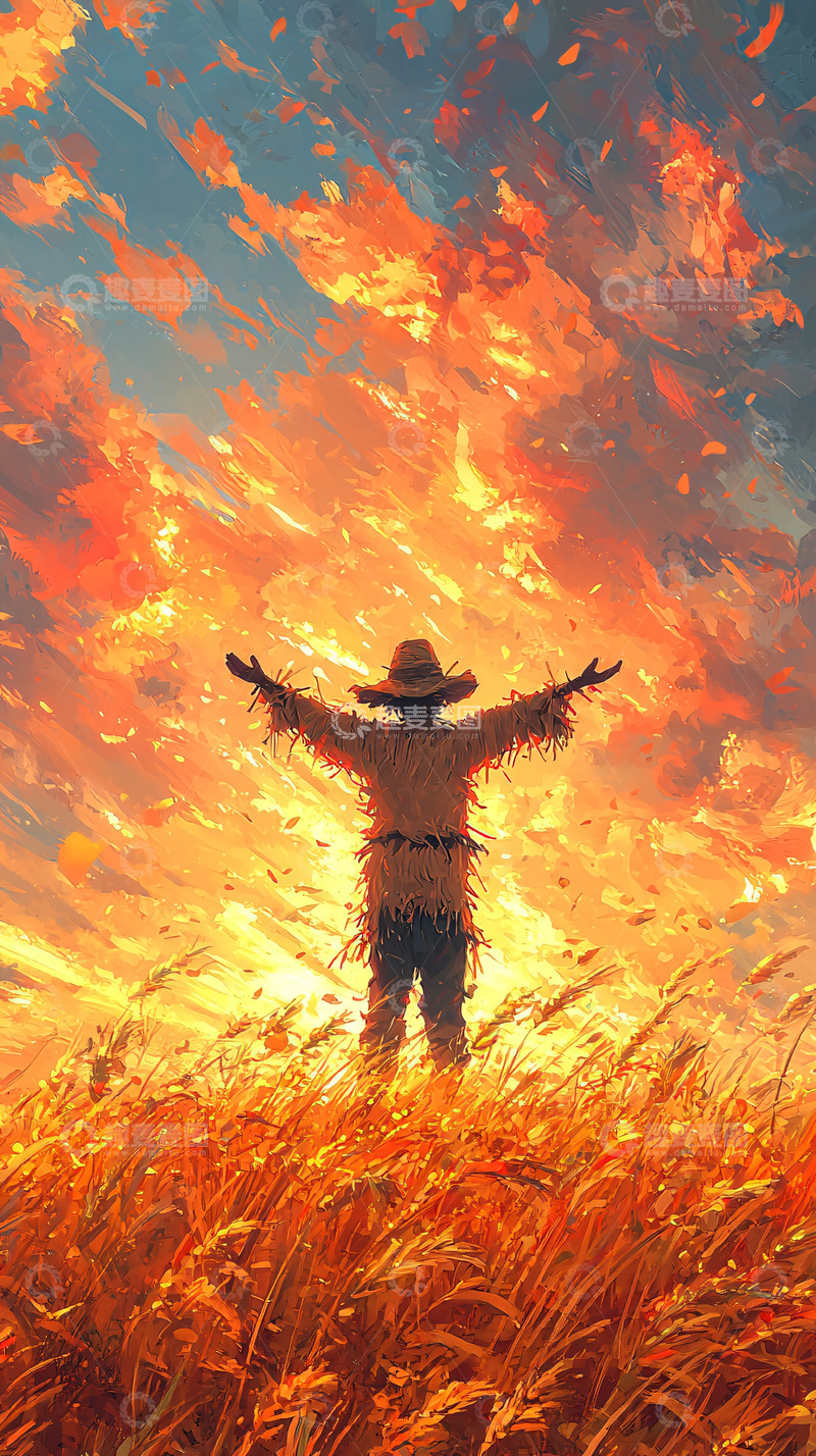 高清大图下载【趣麦麦图】稻草人拥抱天空的橙色火焰