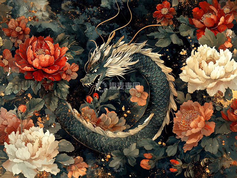 高清大图下载【趣麦麦图】水墨龙纹牡丹图