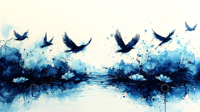 高清大图下载【趣麦麦图】蓝色水彩飞鸟