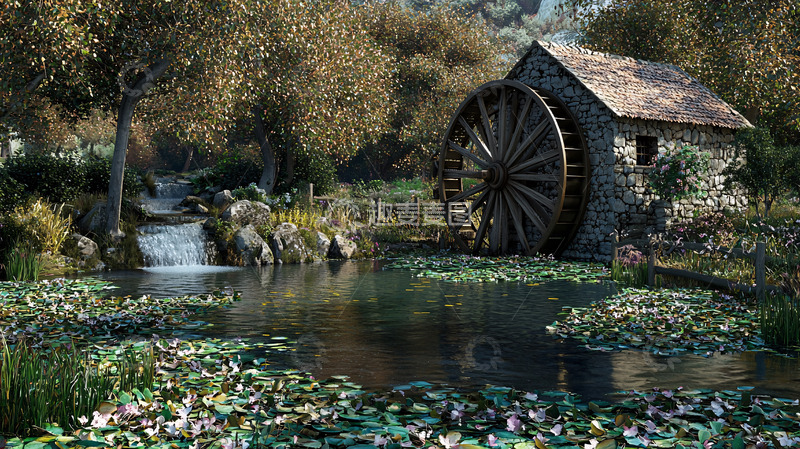 高清大图下载【趣麦麦图】秋日溪流旁古老水车磨坊