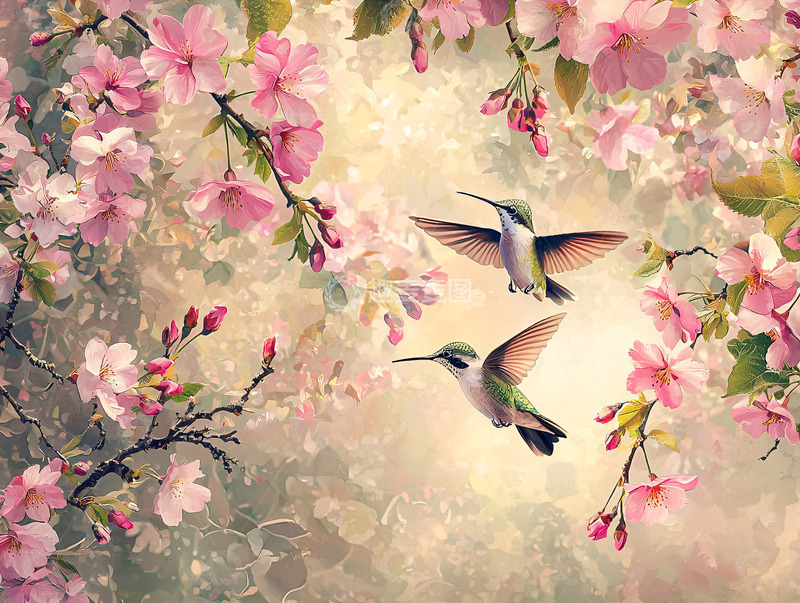 高清大图下载【趣麦麦图】粉红樱花树和蜂鸟