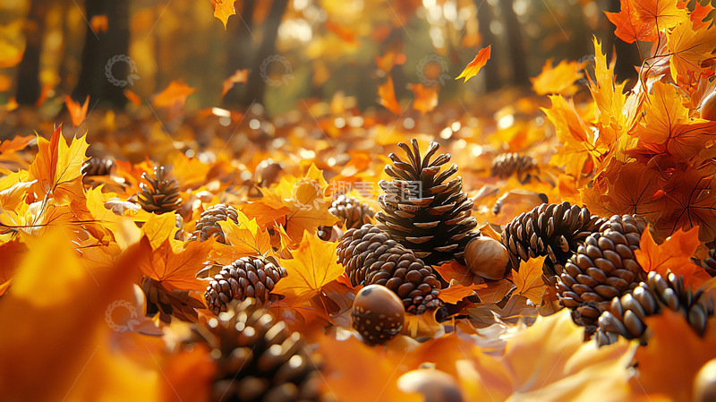 高清大图下载【趣麦麦图】秋天落叶松果