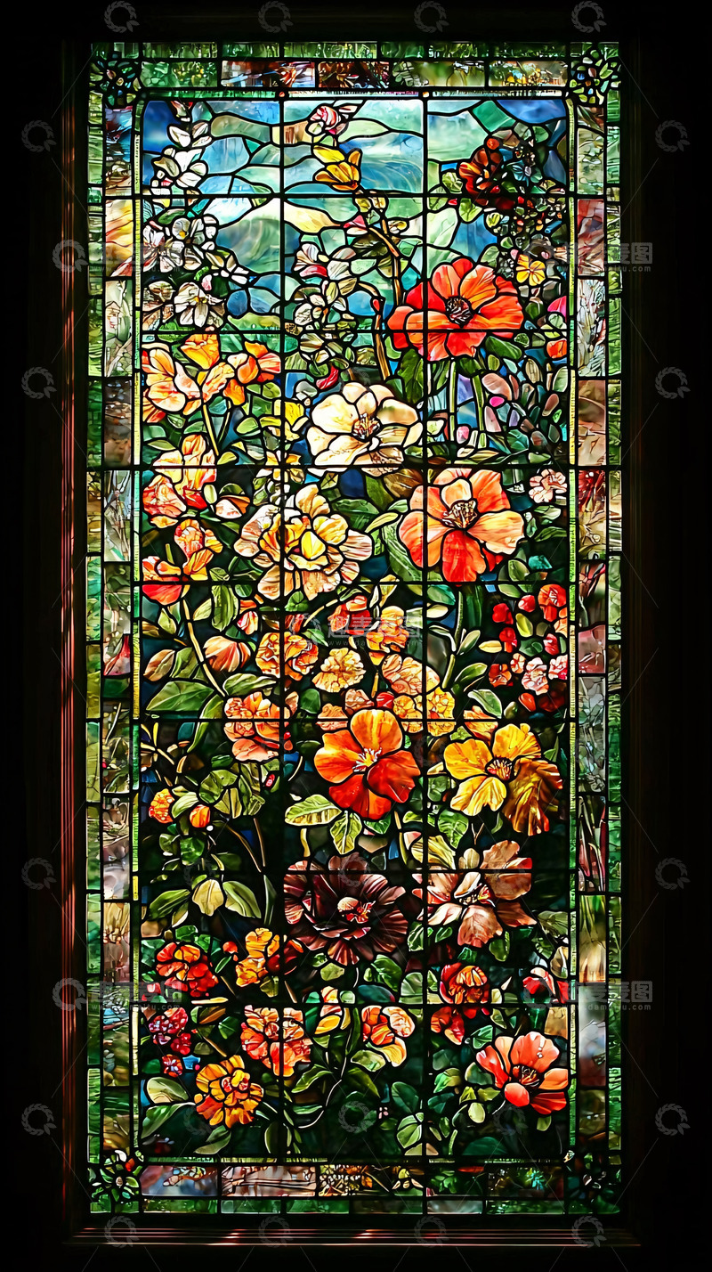 高清大图下载【趣麦麦图】彩色花卉玻璃窗