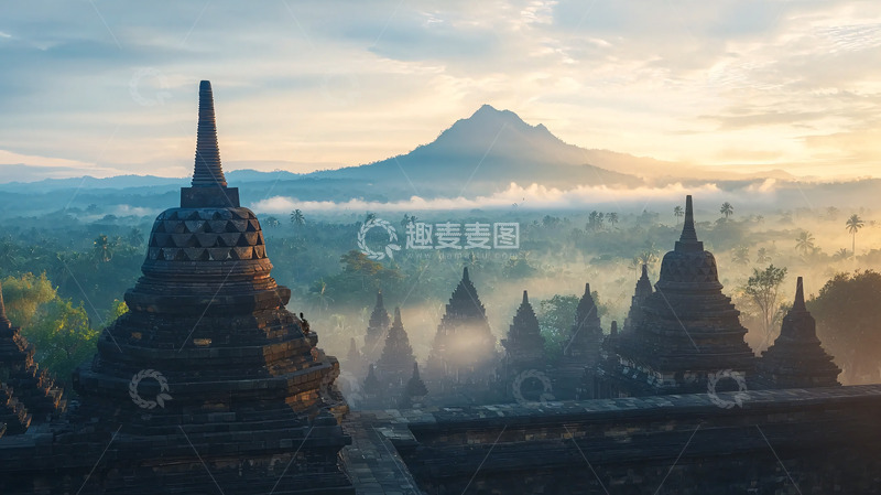 高清大图下载【趣麦麦图】日出时分的佛塔与远山