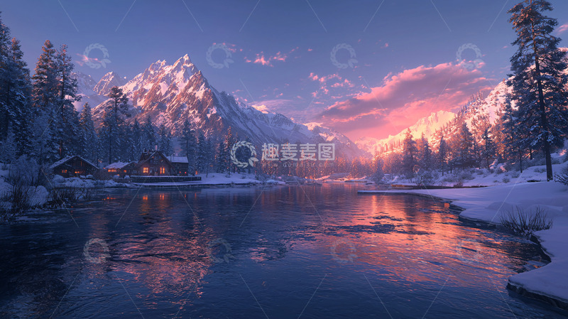 高清大图下载【趣麦麦图】雪山日落小屋风景