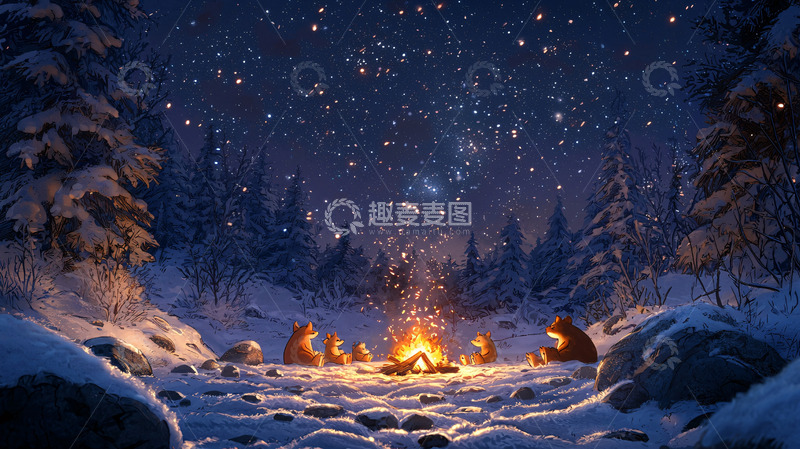 高清大图下载【趣麦麦图】篝火旁雪地里