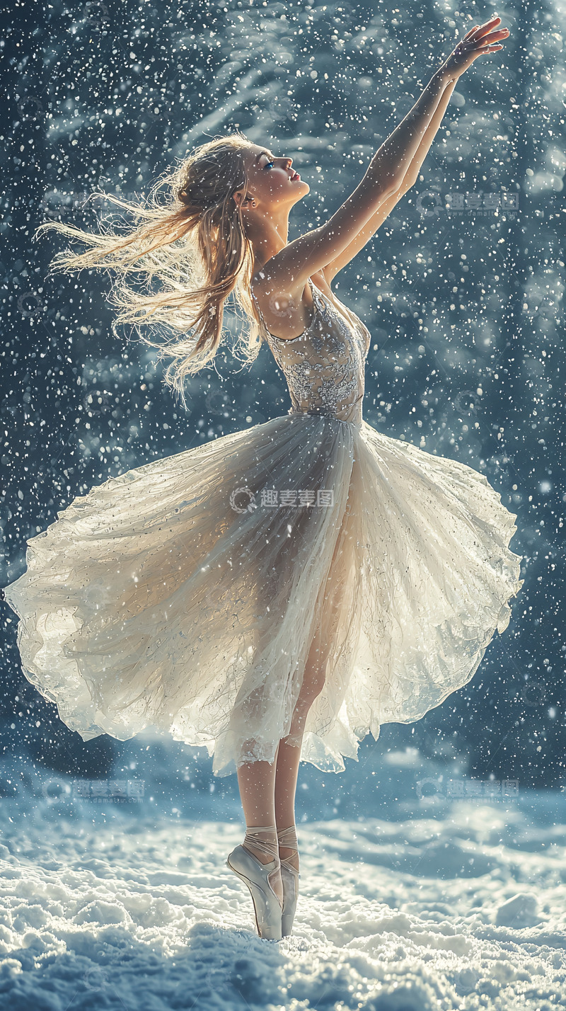 高清大图下载【趣麦麦图】冬日雪景中优雅芭蕾舞者