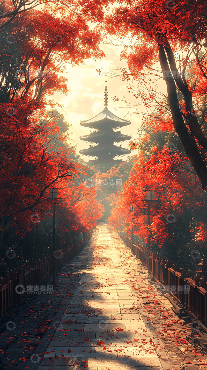 高清大图下载【趣麦麦图】红叶枫叶小路古塔日式